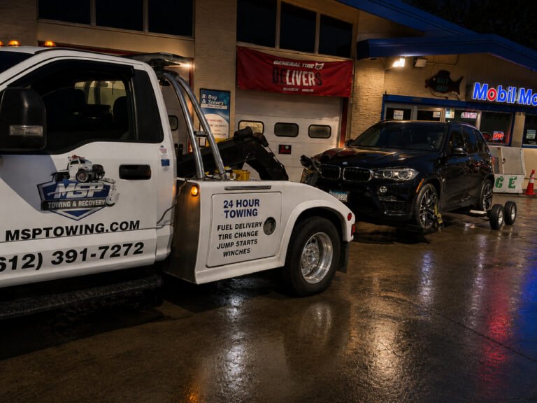 MSP Towing & Recovery tow truck serving Minneapolis at night
